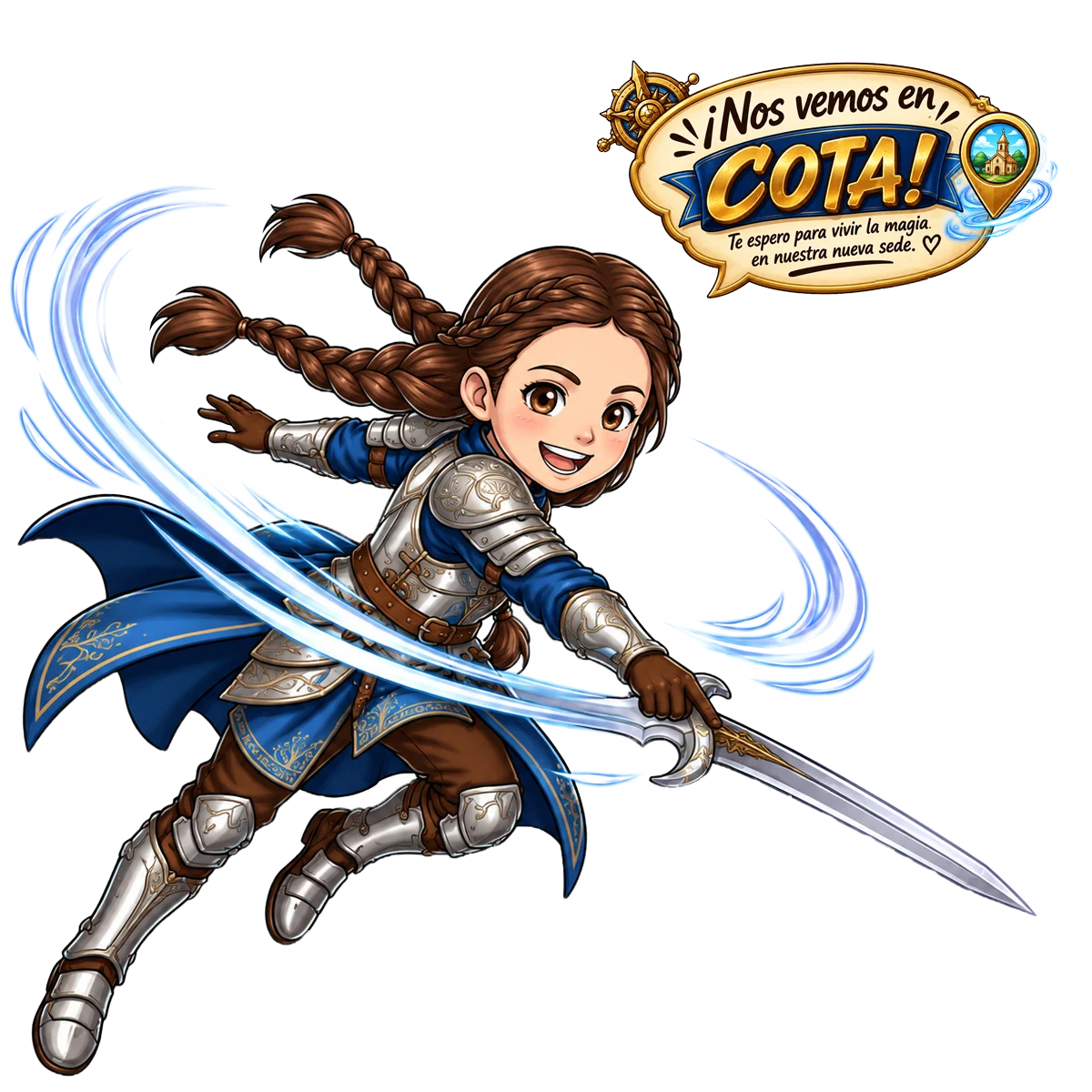 Personaje guerrera de Chronos Fantasy invitando a la sede de Cota: ¡Nos vemos en Cota!