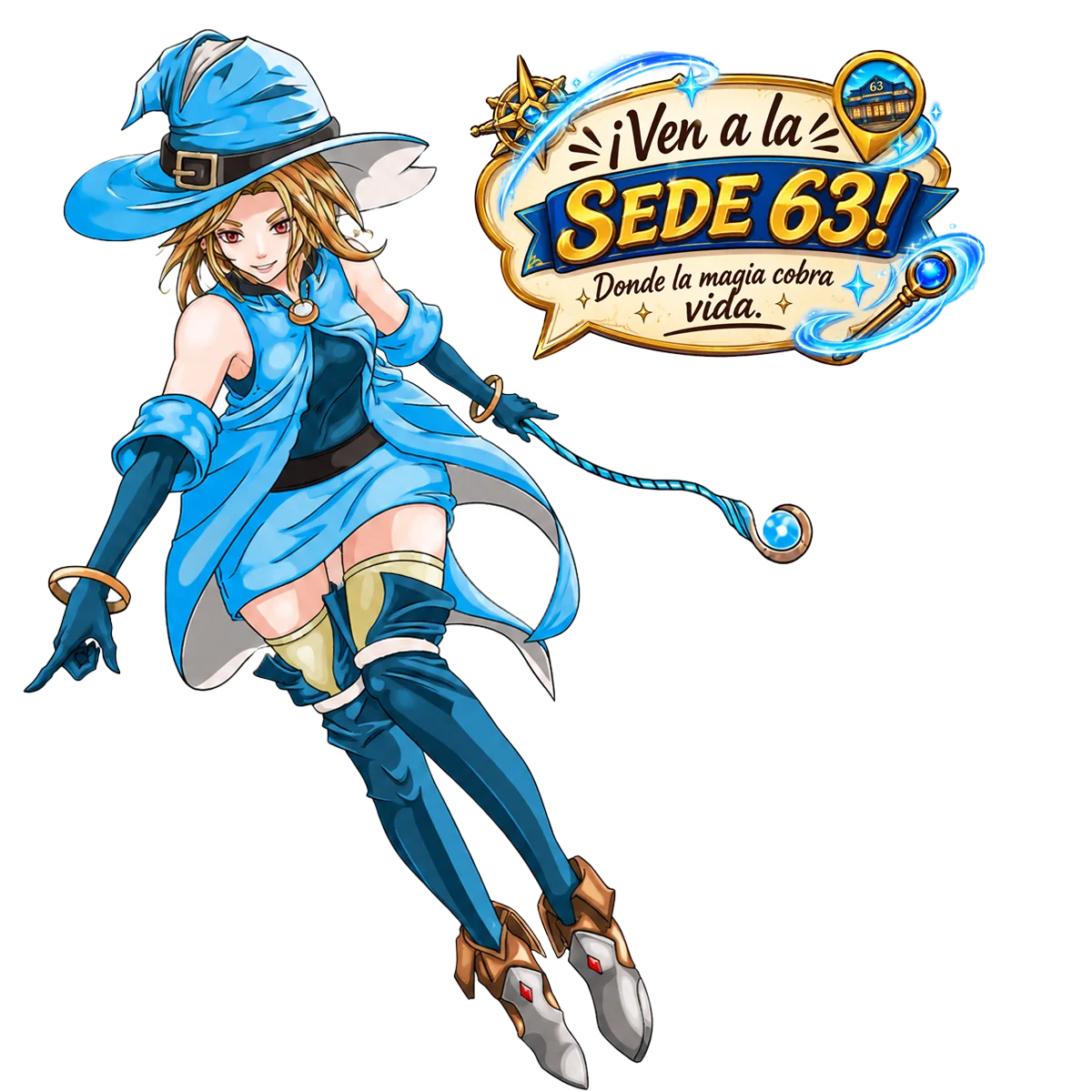Personaje hechicera de Chronos Fantasy invitando a la sede Calle 63 en Bogotá: ¡Ven a la Sede 63!